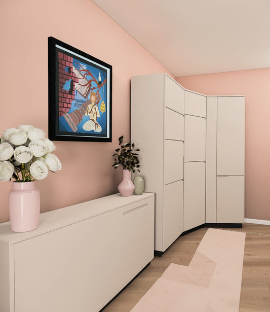 Beyond Time by Aiman — figurative work on paper showing a figure in worship, shown framed on a pink wall.
