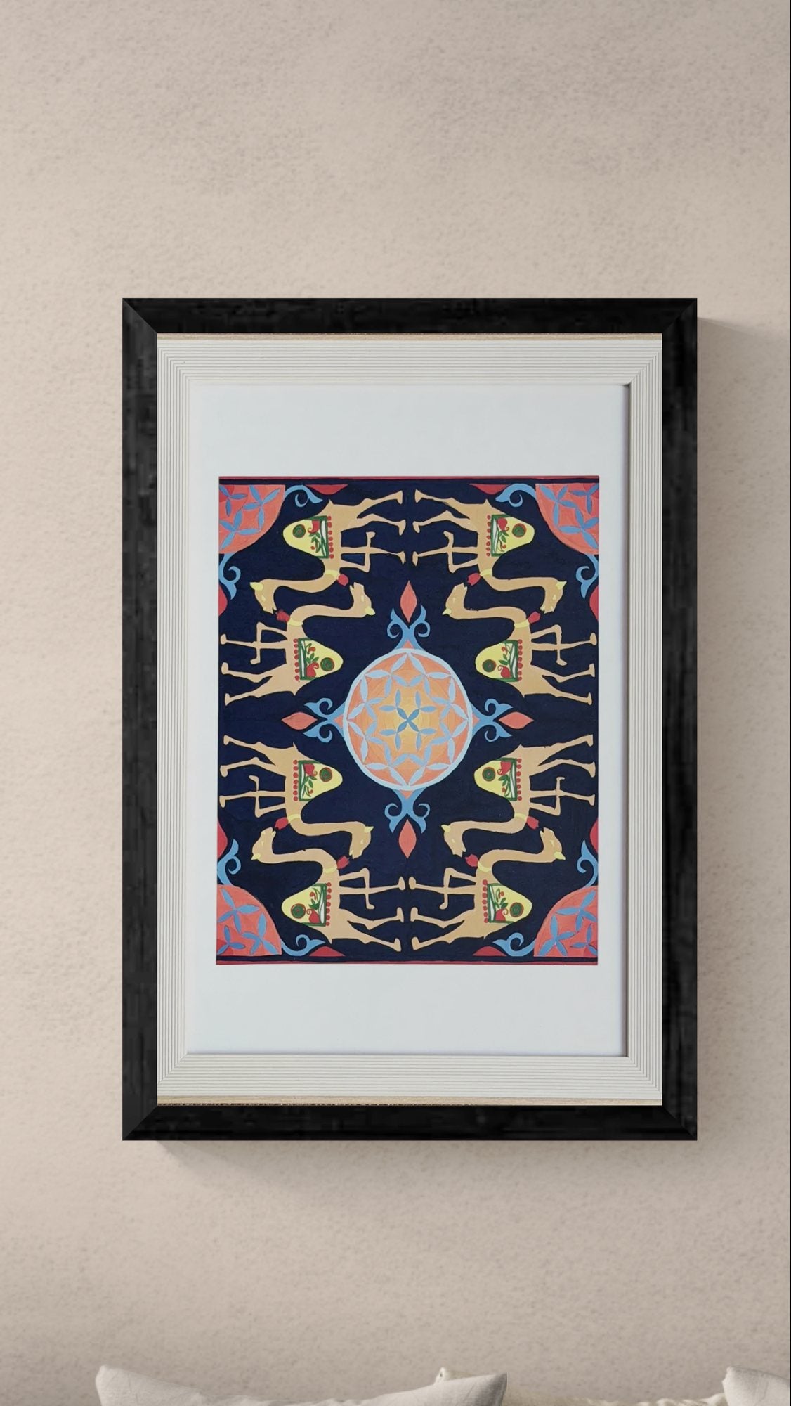 Abstract canvas with deep blue drips over gold and pale tones with Arabic calligraphy