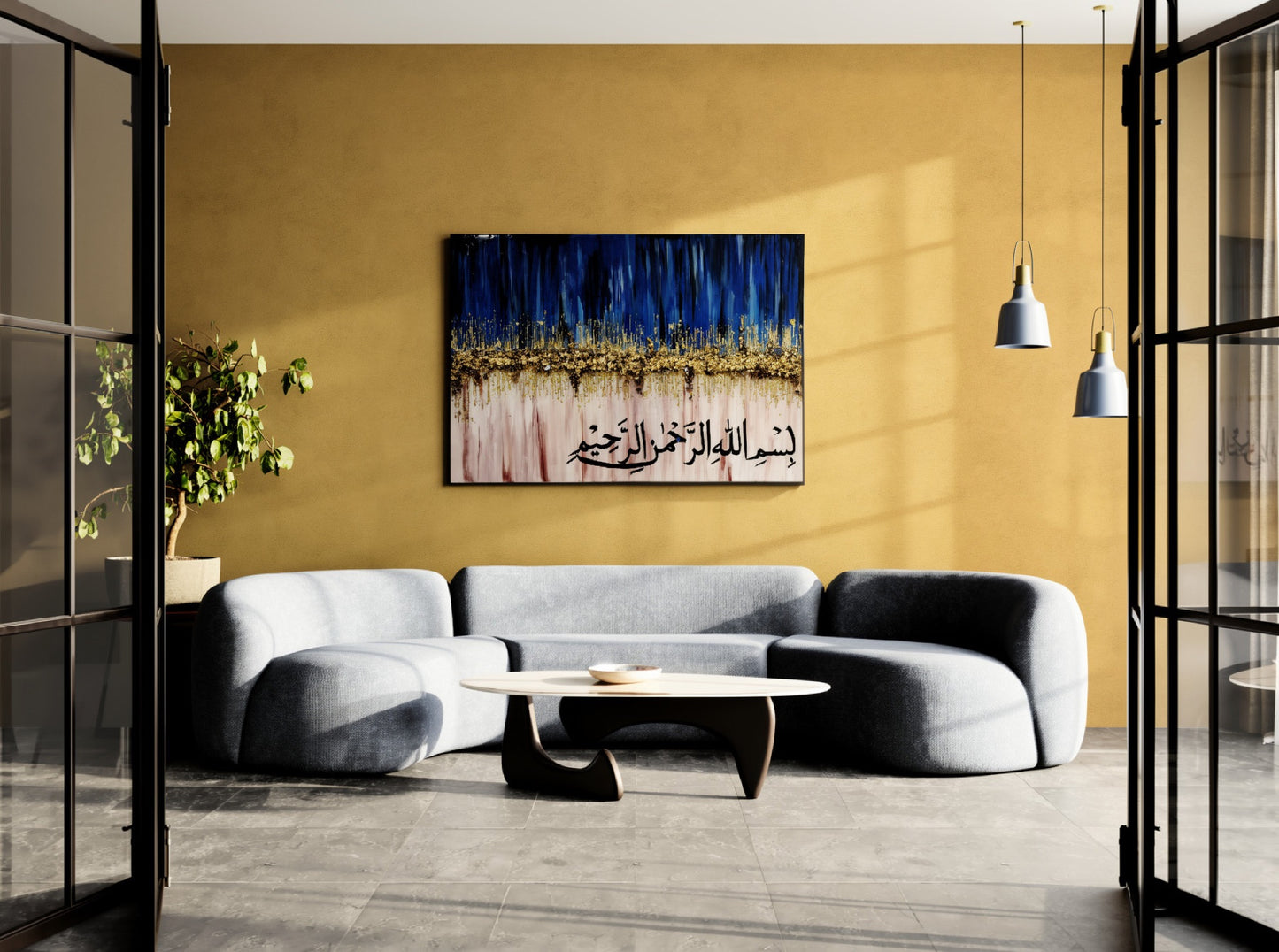 The Beginning by Aiman — textured gold-foil and resin canvas with hand-painted Arabic calligraphy, shown above a console table.
