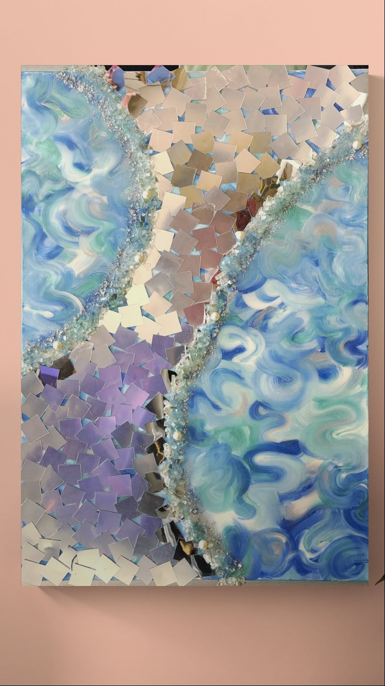 Abstract painting with a diagonal current of blue, violet and cream mosaic texture