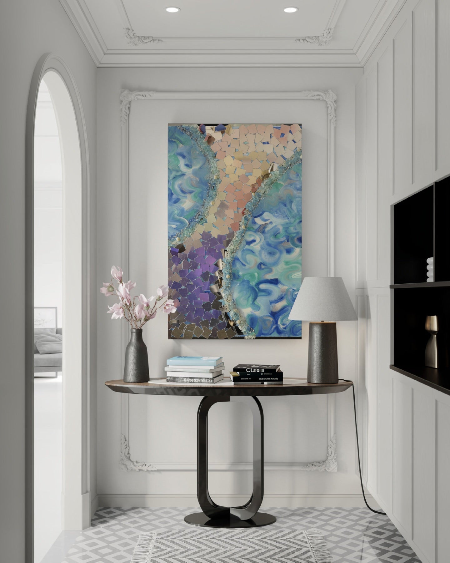 Ocean Mosaic by Aiman — blue and teal mirror-mosaic abstract canvas shown in a classical hallway.