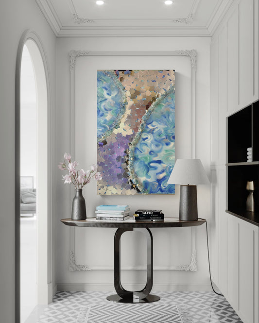 Ocean Mosaic shown straight-on above a console table.