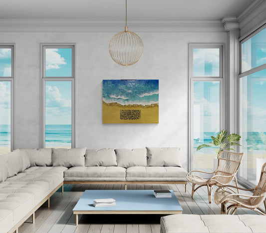 Remembrance by Aiman — teal and gold coastal calligraphy canvas shown in a bright seafront living room.