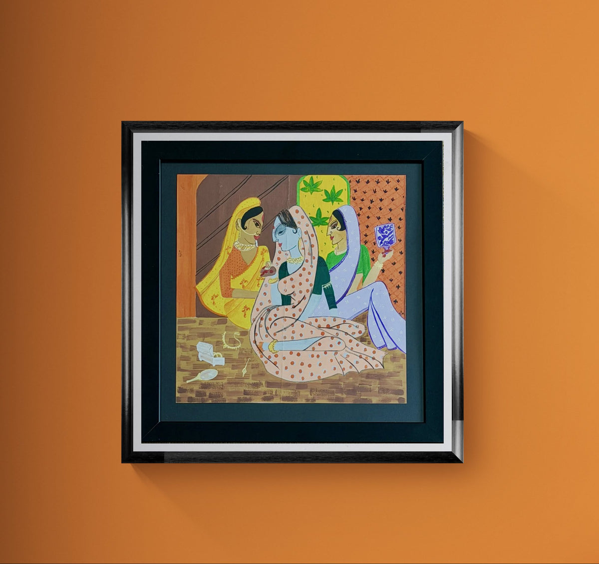 Figurative painting of two seated figures in golden traditional dress