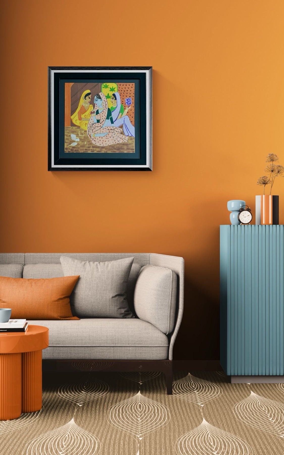The Gathering shown above a sofa in a cosy modern living room.