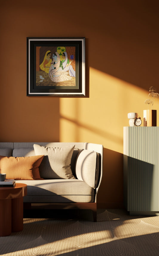 The Gathering by Aiman — figurative painting of seated figures in conversation, shown framed on a warm interior wall.