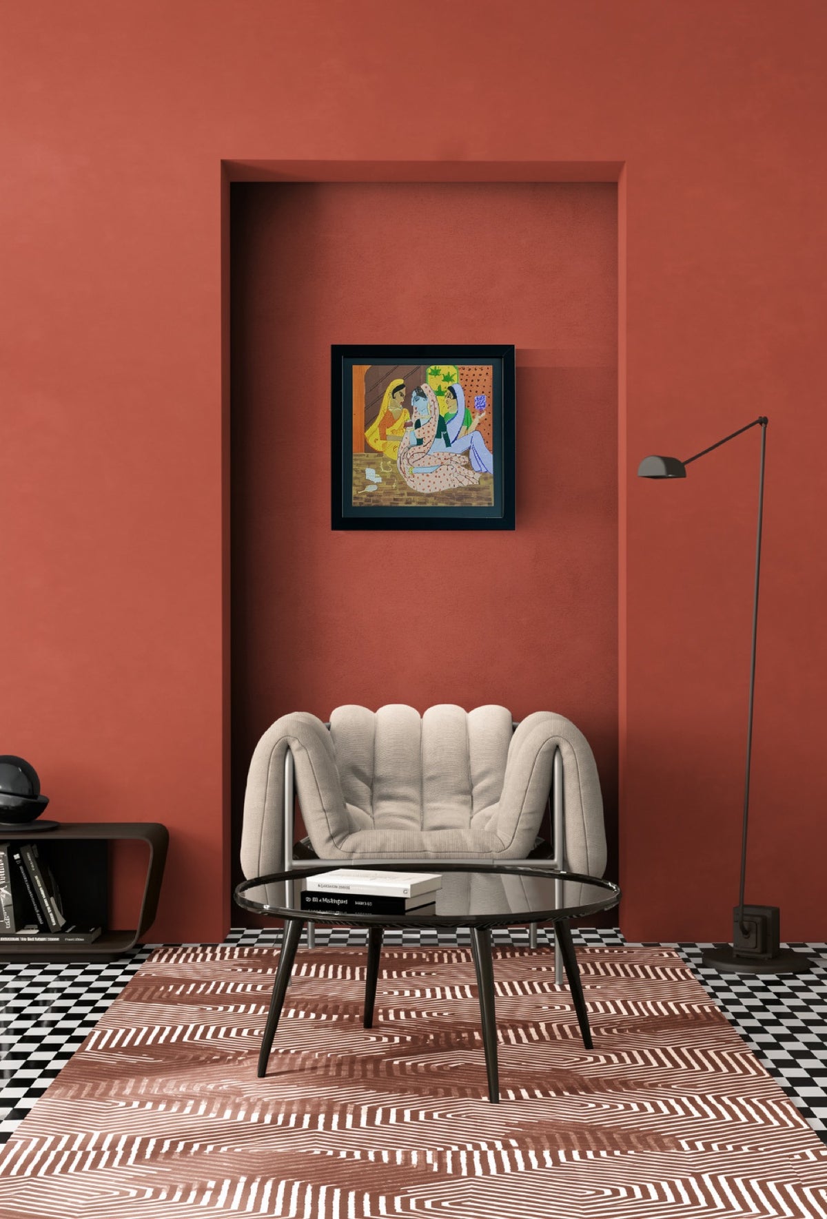 The Gathering shown in a terracotta wall niche above a lounge chair.
