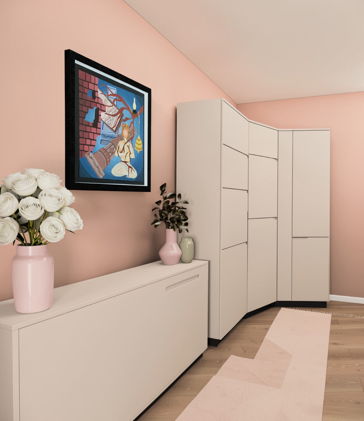 Beyond Time by Aiman — figurative work on paper showing a figure in worship, shown framed on a pink wall.