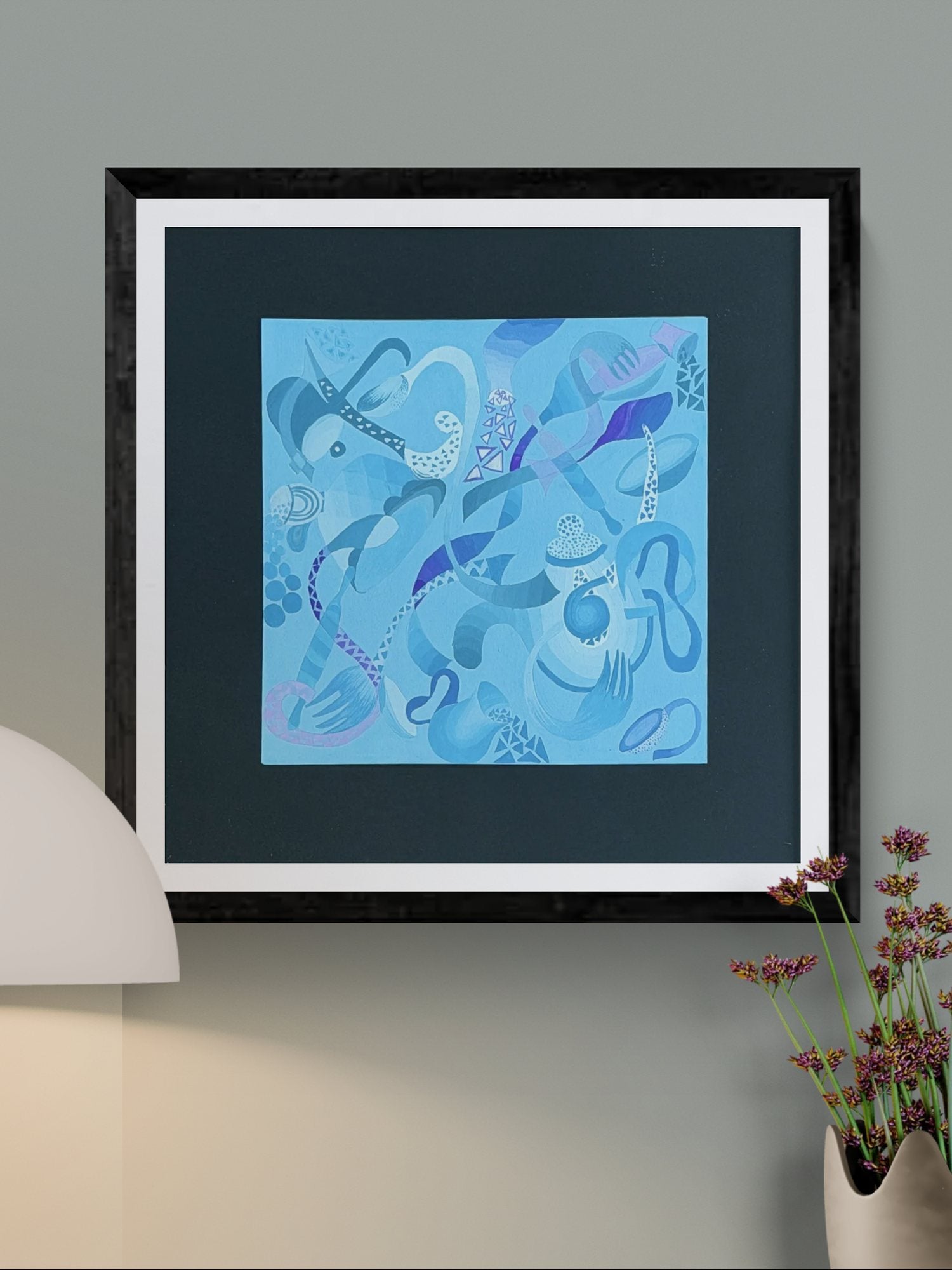 Blue abstract painting with flowing fish-like forms