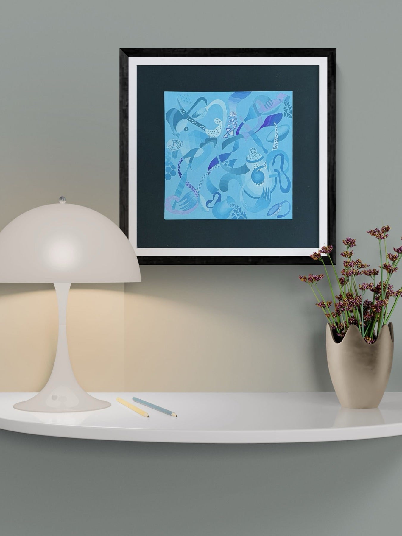 Waves of Thought shown straight-on in a soft grey hallway.