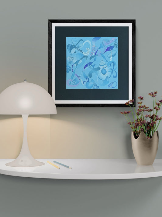 Waves of Thought shown straight-on in a soft grey hallway.